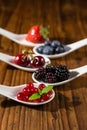 Closeup of collection of wild berries on white spoons Royalty Free Stock Photo