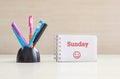 Closeup color pen with black ceramic desk tidy for pen and red sunday word in white page and happy face emotion at the note book o Royalty Free Stock Photo