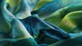 A closeup of a colorchanging fabric in its initial state with a lush green hue that shifts to a deep blue upon touch