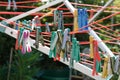 Closeup of colored clothespins on a clothesline