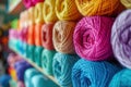 closeup of colorful balls of yarn on a shelf in a craft store Royalty Free Stock Photo