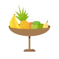Closeup of colorful a bowl of fruit bananas, pineapple, apples, orange, pear on white background. Vector, illustration Royalty Free Stock Photo