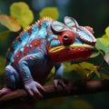 Closeup colorful chameleon on the branch, changing colors