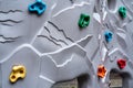 Closeup of colorful climbing wall hooks