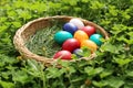 Closeup of colorful eggs in beautiful spring meadow on easter holiday outdoors in green graas.Traditional symbol for christian and