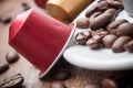 Colorful espresso coffee doses with coffee beans and Royalty Free Stock Photo