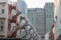 Closeup colorful exterior spiral staircases of shophouse, Singapore Royalty Free Stock Photo