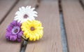 Closeup colorful faked flower for decorate on blurred old wood table textured background