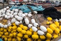 Closeup of a colorful fishing net lying on a boat Royalty Free Stock Photo