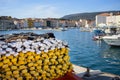 Closeup of a colorful fishing net lying on a boat Royalty Free Stock Photo