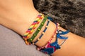 Colorful friendship bracelet on a child`s hand
