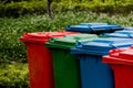 Closeup of colorful garbage cans