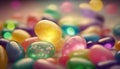 Closeup colorful jelly bean candy. Easter basket sweeties. Rainbow spring pastel colors. Background wallpaper.