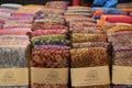 Closeup of colorful materials on a local market chatuchak market in Bangkok, Thailand, Asia