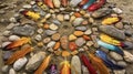 A closeup of a colorful medicine wheel made up of stones and feathers laid out on the ground. Each quadrant of the wheel