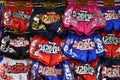 Closeup of colorful Muay Thai Boxer Shorts on chatuchak market in Bangkok, Thailand