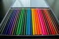 Closeup of colorful pencils in a metallic case Royalty Free Stock Photo