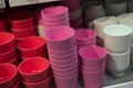 colorful plastic pots collection in a decoration store Royalty Free Stock Photo