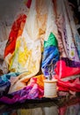 Closeup of colorful quilt on display at the counter of a millinery at Blists Hill Victorian Town Royalty Free Stock Photo