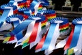 Closeup of colorful ribbons awards rosettes and trophys for winners In equitation competition Royalty Free Stock Photo