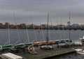 Closeup of colorful Sailboats on a dock along the Charles river in Boston in sunset