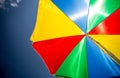 Closeup of colorful sun parasol on the beach against blue sky