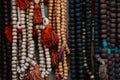 Closeup of colorful Tibetan Buddhist prayer beads in Nepal