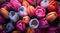 Closeup colorful tulip flower field, Spring season Happy easter Generative AI