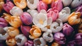 Closeup colorful tulip flower field, Spring season Happy easter Generative AI