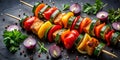 Closeup of colorful vegetable skewers on a dark background perfect for summer barbecue grilling healthy eating or vegetarian cui