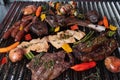 Closeup of the complete grill of Argentine Asado of meat with vegetables Royalty Free Stock Photo