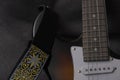 Electric guitar with embroidered strap fretboard and pickup details captured in soft studio lighting for musical instrument Royalty Free Stock Photo