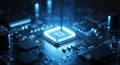 Closeup of a computer chip on a circuit board with glowing blue light and microelectronic components Royalty Free Stock Photo