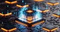 Closeup of a computer chip with glowing orange and blue lights on a circuit board with binary code streaming up Royalty Free Stock Photo