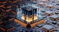 Closeup of a computer chip with glowing orange circuits and blue binary code streaming upwards from its surface on a circuit board Royalty Free Stock Photo