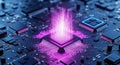 Closeup of a computer chip with glowing purple circuit board connections and pink light trails on a microelectronic device Royalty Free Stock Photo