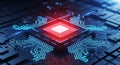 Closeup of a computer chip with glowing red and blue circuits on a dark electronic circuit board microprocessor technology Royalty Free Stock Photo