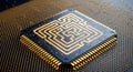 Closeup of a computer chip with a gold glowing maze circuit board design on a microchip processor component electronic hardware Royalty Free Stock Photo