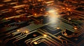 Closeup of a computer circuit board with gold lights: amazing pr