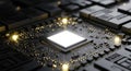 Closeup of a computer microchip on a circuit board with glowing connections and microelectronic components Royalty Free Stock Photo