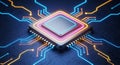 Closeup of a computer microchip with colorful neon lights on a circuit board with glowing connections technology concept Royalty Free Stock Photo