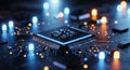 Closeup of a computer microchip with glowing blue light on a circuit board with orange and blue lights technology concept Royalty Free Stock Photo