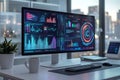 Closeup of a computer monitor displaying complex data analytics and graphs Royalty Free Stock Photo