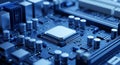 Closeup of a computer motherboard with a central processing unit and various electronic components circuit board with microchips Royalty Free Stock Photo