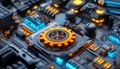 Closeup of a computer motherboard with a prominent CPU fan and various electronic components Royalty Free Stock Photo