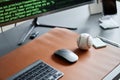 Closeup of Computer Mouse and Baseball on Desk with Programming Code Displayed Royalty Free Stock Photo