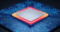 Closeup of a computer processor chip on a circuit board with glowing blue lines and connections electronic hardware component Royalty Free Stock Photo