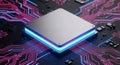 Closeup of a computer processor chip with glowing blue light on a circuit board with pink and blue connections Royalty Free Stock Photo
