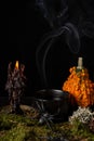 Closeup of concoction with smoke, poison bottle for Halloween with spiders, pumpkin