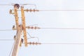 Closeup of concrete electric pylon energy and technology electrical on the road with power line cables Royalty Free Stock Photo